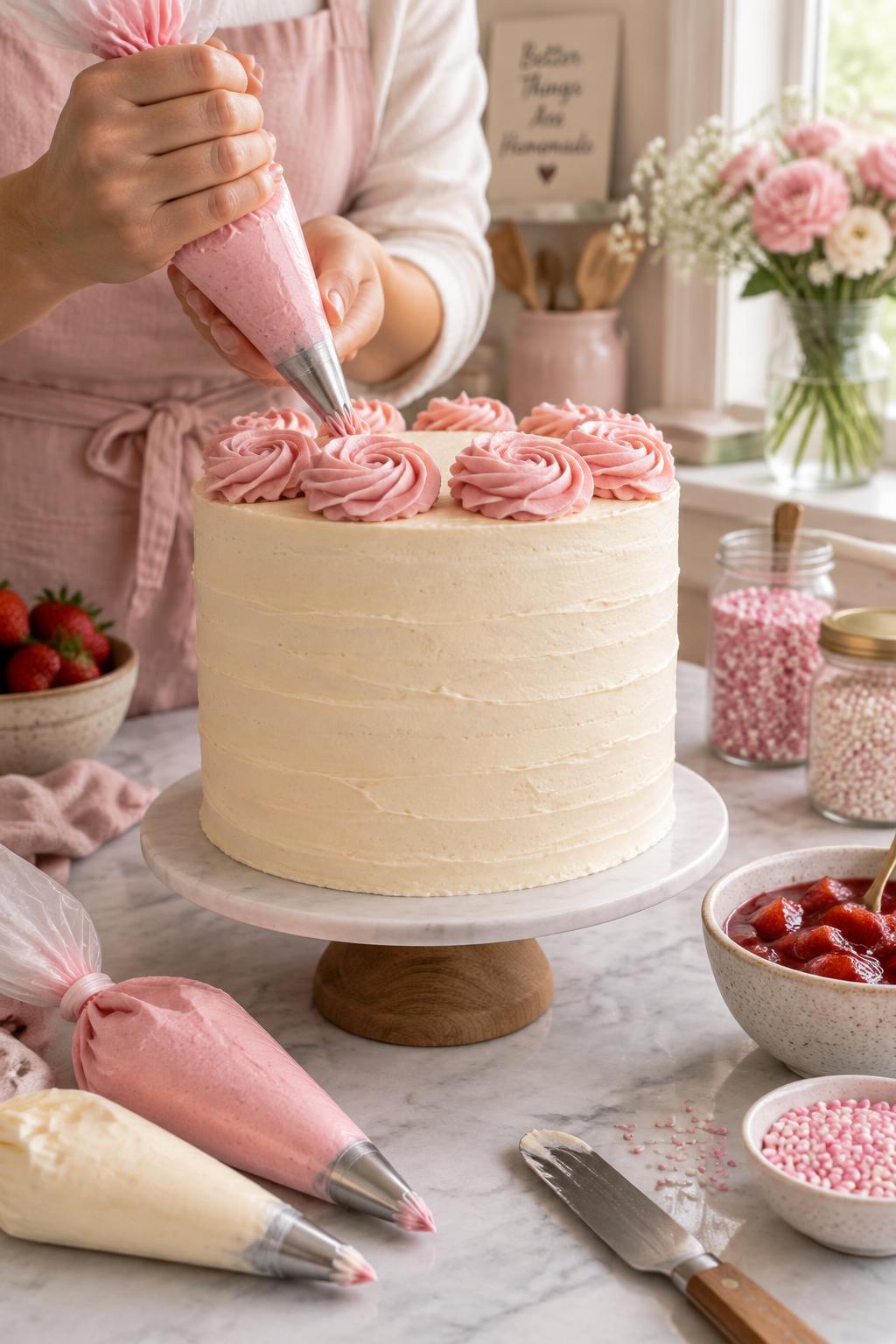 Pink buttercream being piped onto a layer cake — building your own cake at Ivey’s Dessert Bar