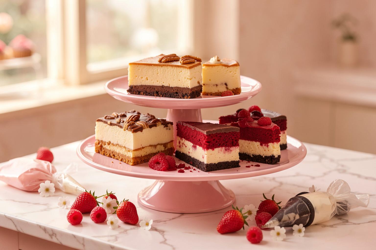 A spread of gourmet cheesecake slices — salted caramel pecan, chocolate truffle, raspberry lemon, red velvet and oreo — on a pink two-tier stand