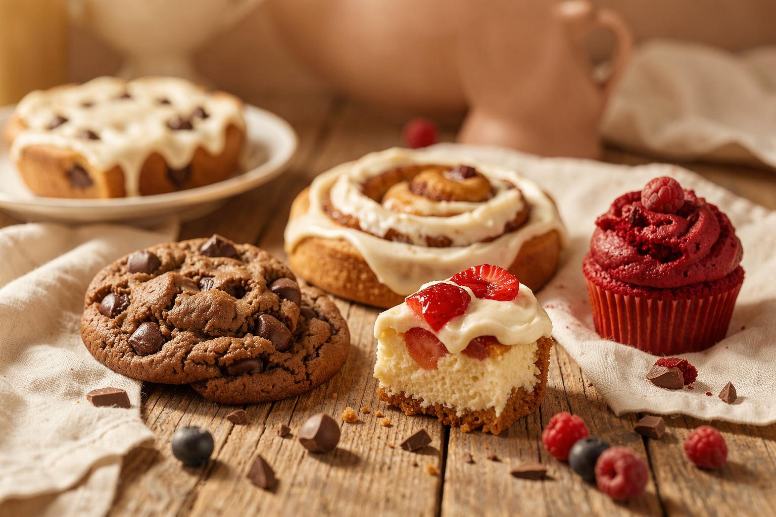 A warm table of homemade desserts — chocolate chunk cookies, a glazed cinnamon roll, strawberry cheesecake and a red velvet cupcake