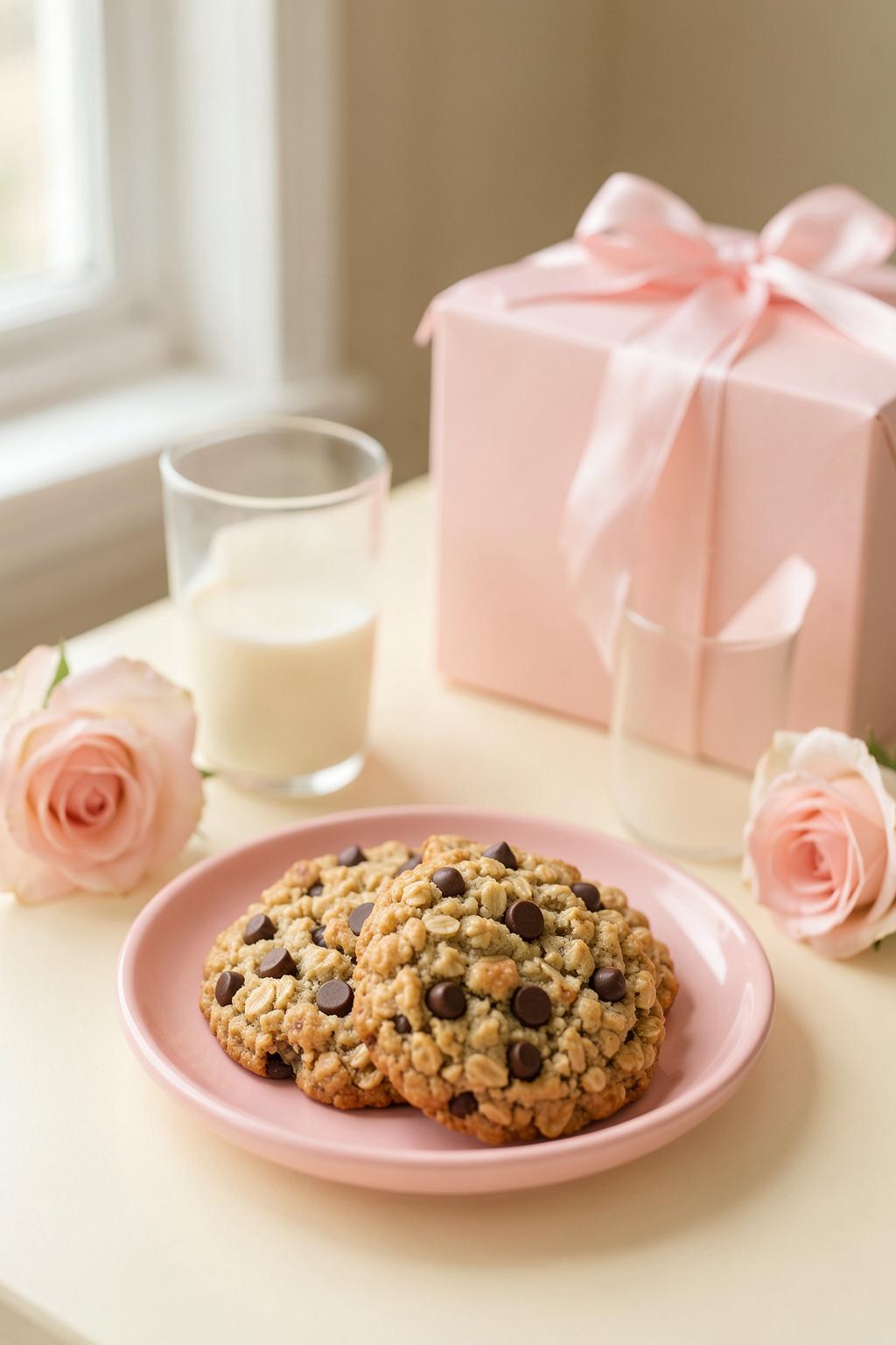 Freshly baked lactation oatmeal cookies with chocolate chips on a pink plate beside a glass of milk