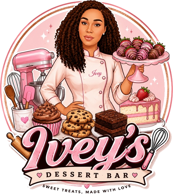Ivey’s Dessert Bar logo — Ivey in her chef’s coat with a pink cake stand, dessert bar banner